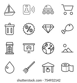 thin line icon set : boat, pass card, lunar rover, cart, bin, percent, diamond, chicken leg, building, presentation, globe, landscape, drop, fork, warehouse, toilet paper