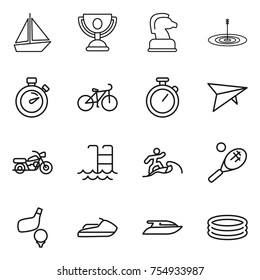 thin line icon set : boat, trophy, chess horse, target, stopwatch, bike, deltaplane, motorcycle, pool, surfer, tennis, golf, jet ski, yacht, inflatable