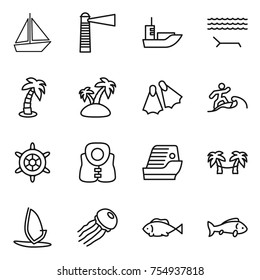 thin line icon set : boat, lighthouse, sea shipping, lounger, palm, island, flippers, surfer, handwheel, life vest, cruise ship, hammock, windsurfing, jellyfish, fish