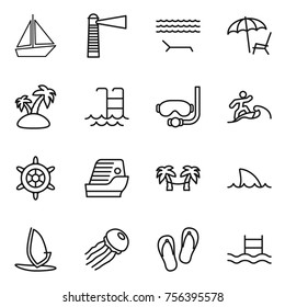 Thin line icon set : boat, lighthouse, lounger, island, pool, diving mask, surfer, handwheel, cruise ship, palm hammock, shark flipper, windsurfing, jellyfish, flip flops