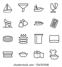 thin line icon set : boat, funnel, sea shipping, broken, aquapark, flippers, yacht, inflatable mattress, pool, plate washing, measuring cup, sponge, foam basin, toilet paper, handle