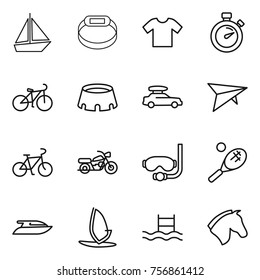 Thin line icon set : boat, smart bracelet, t shirt, stopwatch, bike, stadium, car baggage, deltaplane, motorcycle, diving mask, tennis, yacht, windsurfing, pool, horse