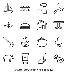 Thin line icon set : boat, bridge, factory, repair, plane, service bell, home, table, skimmer, fire, tomato, sheep, hive, scoop, wiping