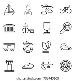 Thin line icon set : boat, hoverboard, journey, bike, airport building, port, fragile, cargo search, railroad shipping, plane, broken, car baggage, tower, jet ski, plow, wheel