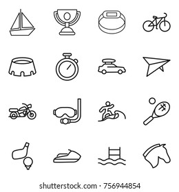 Thin line icon set : boat, trophy, smart bracelet, bike, stadium, stopwatch, car baggage, deltaplane, motorcycle, diving mask, surfer, tennis, golf, jet ski, pool, horse