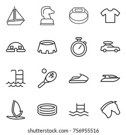 Thin line icon set : boat, chess horse, smart bracelet, t shirt, dome house, stadium, stopwatch, car baggage, pool, tennis, jet ski, yacht, windsurfing, inflatable