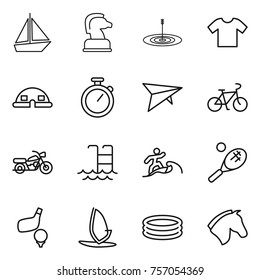 Thin line icon set : boat, chess horse, target, t shirt, dome house, stopwatch, deltaplane, bike, motorcycle, pool, surfer, tennis, golf, windsurfing, inflatable