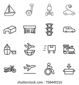 Thin line icon set : boat, segway, hoverboard, electric car, warehouse, gas station, traffic light, shipping, port, plane, fast deliver, train, motorcycle, departure, invalid, package