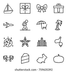 Thin line icon set : boat, gift, bow, hi quality package, plane, tourist, lounger, palm, disco ball, starfish, hotel, golf, hammock, cake, rabbit, pumpkin