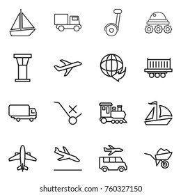 Thin line icon set : boat, truck, segway, lunar rover, airport tower, plane, delivery, shipping, do not trolley sign, train, sail, airplane, arrival, transfer, wheelbarrow