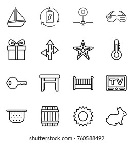 Thin line icon set : boat, battery charge, laser, smart glasses, gift, route, starfish, thermometer, key, stool, crib, tv, colander, barrel, sun, rabbit