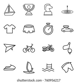 Thin line icon set : boat, trophy, chess horse, target, t shirt, stadium, stopwatch, car baggage, deltaplane, bike, motorcycle, golf, jet ski, windsurfing, pool