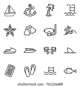 Thin line icon set : boat, anchor, palm, pool, starfish, flippers, diving mask, surfer, jet ski, yacht, hammock, shark flipper, inflatable mattress, flip flops, fish