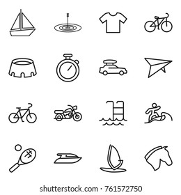 Thin line icon set : boat, target, t shirt, bike, stadium, stopwatch, car baggage, deltaplane, motorcycle, pool, surfer, tennis, yacht, windsurfing, horse