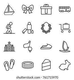 Thin line icon set : boat, bow, hi quality package, bus, tourist, passenger, hawaiian wreath, baggage trolley, hotel, golf, jet ski, windsurfing, flip flops, inflatable pool, cake, rabbit