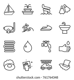 Thin line icon set : boat, fountain, aquapark, flippers, diving mask, surfer, jet ski, sink, towels, drop, water tap, hand, soap, wiping, car wash, floor washing