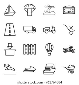 Thin line icon set : boat, parachute, weather management, airport building, road, shipping, scooter, do not trolley sign, package, pallet, air ballon, motorcycle, arrival, jet ski, cruise ship