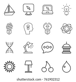 Thin line icon set : boat, monitor arrow, notebook, bulb, head, brain, atom, dna, table lamp, balloon, goverment house, sun, floor, cherry, drop