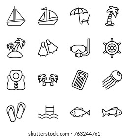 Thin line icon set : boat, sail, lounger, palm, island, flippers, diving mask, handwheel, life vest, hammock, inflatable mattress, jellyfish, flip flops, pool, fish