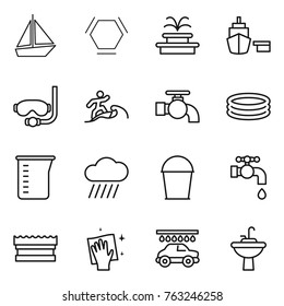 Thin line icon set : boat, hex molecule, fountain, port, diving mask, surfer, water tap, inflatable pool, measuring cup, rain cloud, bucket, sponge, wiping, car wash, sink