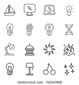 Thin line icon set : boat, monitor arrow, notebook, bulb, brain, dna, table lamp, goverment house, sun, disco ball, floor, cherry, shining