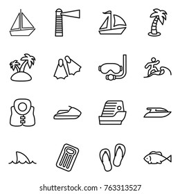 Thin line icon set : boat, lighthouse, sail, palm, island, flippers, diving mask, surfer, life vest, jet ski, cruise ship, yacht, shark flipper, inflatable mattress, flip flops, fish