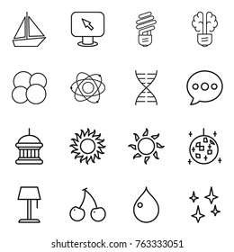 Thin line icon set : boat, monitor arrow, bulb, brain, atom core, dna, balloon, goverment house, sun, disco ball, floor lamp, cherry, drop, shining