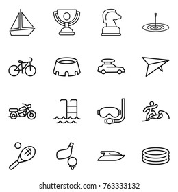 Thin line icon set : boat, trophy, chess horse, target, bike, stadium, car baggage, deltaplane, motorcycle, pool, diving mask, surfer, tennis, golf, yacht, inflatable