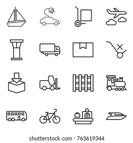 Thin line icon set : boat, electric car, cargo stoller, journey, airport tower, shipping, package box, do not trolley sign, fork loader, pallet, train, bus, bike, baggage checking, yacht