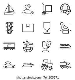 Thin line icon set : boat, electric car, cargo stoller, delivery, traffic light, package box, fragile, sun potection, railroad shipping, plane, broken, train, baggage, yacht, tractor, sweeper