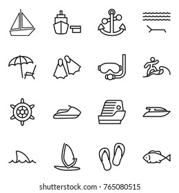 Thin line icon set : boat, port, anchor, lounger, flippers, diving mask, surfer, handwheel, jet ski, cruise ship, yacht, shark flipper, windsurfing, flip flops, fish