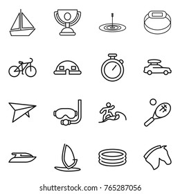 Thin line icon set : boat, trophy, target, smart bracelet, bike, dome house, stopwatch, car baggage, deltaplane, diving mask, surfer, tennis, yacht, windsurfing, inflatable pool, horse