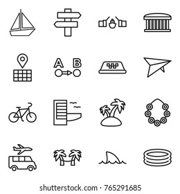 Thin line icon set : boat, singlepost, drawbridge, airport building, map, route a to b, taxi, deltaplane, bike, hotel, island, hawaiian wreath, transfer, palm hammock, shark flipper, inflatable pool