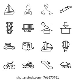 Thin line icon set : boat, hoverboard, car pointer, stairs, traffic light, truck shipping, sun potection, package, baggage, trailer, sail, air ballon, bike, motorcycle, escalator, trash
