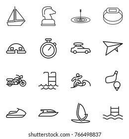 Thin line icon set : boat, chess horse, target, smart bracelet, dome house, stopwatch, car baggage, deltaplane, motorcycle, pool, surfer, golf, jet ski, yacht, windsurfing
