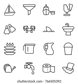 Thin line icon set : boat, funnel, port, broken, flippers, palm hammock, shark flipper, sink, plate washing, measuring cup, jug, bucket, watering can, water tap, toilet paper, floor