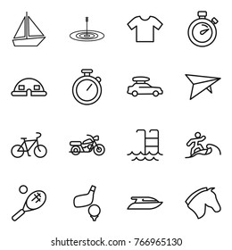 Thin line icon set : boat, target, t shirt, stopwatch, dome house, car baggage, deltaplane, bike, motorcycle, pool, surfer, tennis, golf, yacht, horse