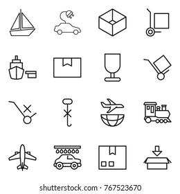 Thin line icon set : boat, electric car, box, cargo stoller, port, package, fragile, trolley, do not sign, hook, plane shipping, train, airplane, wash