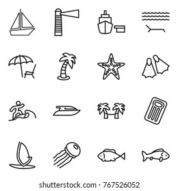 Thin line icon set : boat, lighthouse, port, lounger, palm, starfish, flippers, surfer, yacht, hammock, inflatable mattress, windsurfing, jellyfish, fish