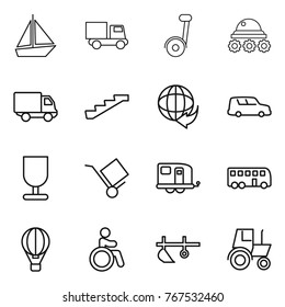 Thin line icon set : boat, truck, lunar rover, delivery, stairs, car shipping, fragile, trolley, trailer, bus, air ballon, invalid, plow, tractor