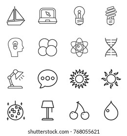 Thin line icon set : boat, notebook, bulb, head, atom core, dna, table lamp, balloon, sun, disco ball, floor, cherry, drop