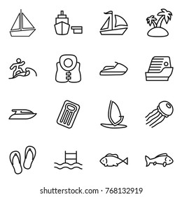 Thin line icon set : boat, port, sail, island, surfer, life vest, jet ski, cruise ship, yacht, inflatable mattress, windsurfing, jellyfish, flip flops, pool, fish