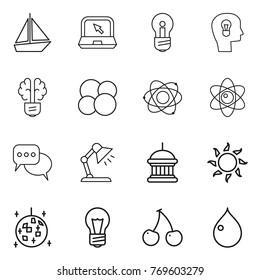 Thin line icon set : boat, notebook, bulb, head, brain, atom core, discussion, table lamp, goverment house, sun, disco ball, cherry, drop