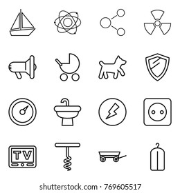 Thin line icon set : boat, atom, molecule, nuclear, megafon, baby stroller, dog, shield, barometer, sink, electricity, power socket, tv, corkscrew, trailer, dry wash
