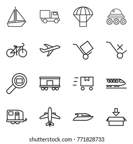 Thin line icon set : boat, truck, parachute, lunar rover, bike, plane, trolley, do not sign, cargo search, railroad shipping, fast deliver, train, trailer, airplane, yacht, package
