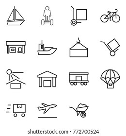 Thin line icon set : boat, hoverboard, cargo stoller, bike, gas station, sea shipping, loading crane, trolley, sun potection, warehouse, railroad, parachute delivery, fast deliver, departure