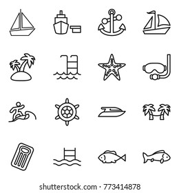 Thin line icon set : boat, port, anchor, sail, island, pool, starfish, diving mask, surfer, handwheel, yacht, palm hammock, inflatable mattress, fish