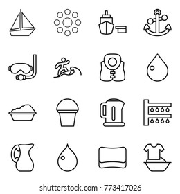 Thin line icon set : boat, round around, port, anchor, diving mask, surfer, life vest, drop, washing, bucket, kettle, watering, jug, sponge, handle