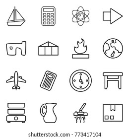 Thin line icon set : boat, calculator, atom, right arrow, slum, greenhouse, flammable, earth, airplane, inflatable mattress, watch, stool, double boiler, jug, vacuum cleaner, package