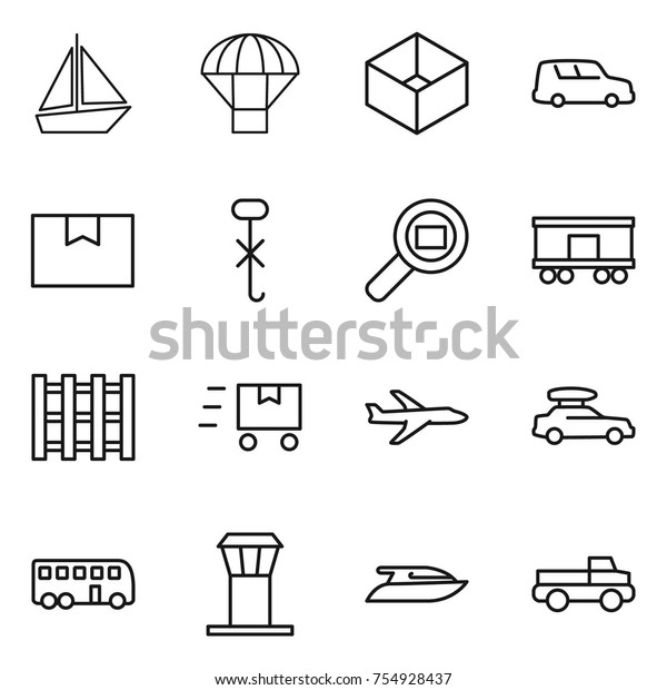 thin line icon\
set : boat, parachute, box, car shipping, package, do not hook\
sign, cargo search, railroad, pallet, fast deliver, plane, baggage,\
bus, airport tower, yacht,\
pickup